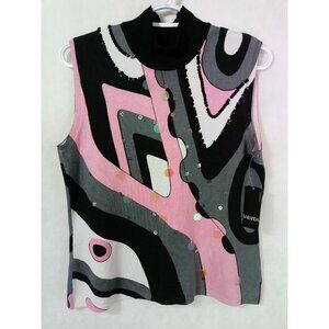 Baranda Women's Large Sequined sleeveless Turtle neck blouse pink / black NWT